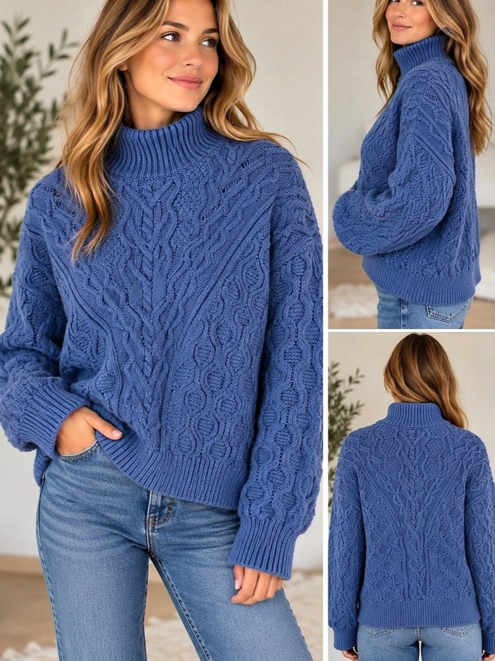 Talbots Cable Knit Turtleneck Sweater in Blue Size Large